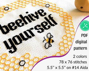 Beehive Yourself cross stitch pattern: Funny blackwork embroidery design (PDF Pattern)