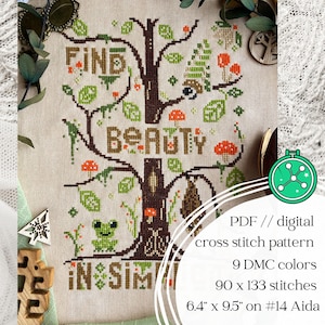 Schema punto croce "La bellezza nella semplicità": rana, falena, pipistrello in un habitat muschioso (formato PDF)