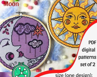 Op de afbeelding: Twee ronde houten borduurringen met kruissteekpatronen van een gele zon en een paarse maan. De tekst luidt The Sun and The Moon, PDF digital patterns set of 2, size (one design): 19,05 cm x 19,05 cm on #14 Aida.