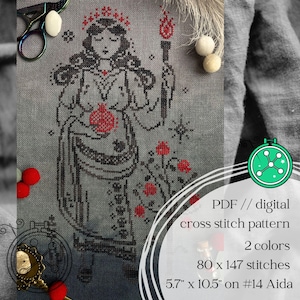 May include: Cross stitch pattern featuring a woman holding a torch and a pomegranate, with red and black details on a gray background. The text on the image reads "PDF // digital cross stitch pattern 2 colors 80 x 147 stitches 5.7" x 10.5" on #14 Aida."