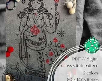 Persephone and pomegranate cross stitch pattern // Greek Goddess of the Underworld stitching design (digital)