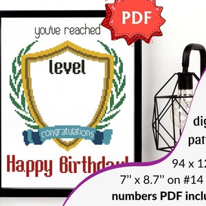 Level Up Birthday Cross Stitch Pattern // Conception de point de croix de geek, modèle de couture de joyeux anniversaire, cadeau de joueur, carte d'anniversaire de garçon