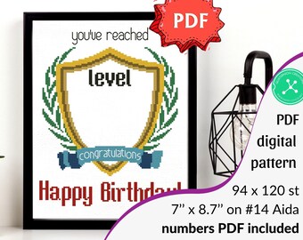 Level Up Birthday cross stitch pattern: Geeky gamer gift (PDF)