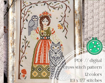Forest Goddess Medeina and wolf cross stitch pattern inspired by Baltic mythology (digital PDF chart)