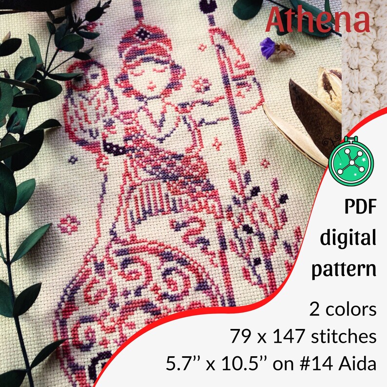 May include: A cross-stitch pattern featuring a stylized figure in shades of red and purple, holding a staff and an owl. The text "Athena" is at the top. The pattern is 5.7" x 10.5" and uses 2 colors.