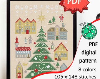 Christmas Tallinn cross stitch pattern // Yule cross stitch, seasonal travel stitching pattern, Christmas tree chart, Tallinn design