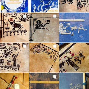 May include: A grid of cross-stitch samplers, each featuring intricate black and white designs on various fabric colors. The samplers depict figures, animals, and patterns. The text "#theodysseyalsal" is at the top.