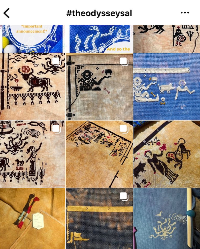 May include: A grid of cross-stitch samplers, each featuring intricate black and white designs on various fabric colors. The samplers depict figures, animals, and patterns. The text "#theodysseyalsal" is at the top.