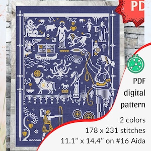 May include: A cross-stitch PDF digital pattern featuring a navy blue background with white and gold illustrations of mythological figures and symbols. The pattern measures 11.1" x 14.4" and requires 178 x 231 stitches on #16 Aida fabric. The design uses two colors.