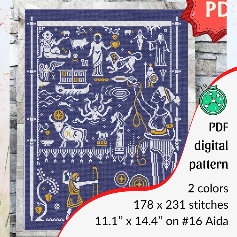 May include: A cross-stitch PDF digital pattern featuring a navy blue background with white and gold illustrations of mythological figures and symbols. The pattern measures 11.1" x 14.4" and requires 178 x 231 stitches on #16 Aida fabric. The design uses two colors.