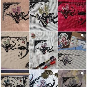 May include: A grid of nine images showing cross-stitch embroidery projects featuring a black silhouette of a fairy with wings, positioned under a decorative corner element. The fabric colors vary, including pink, white, red, and patterned textiles.