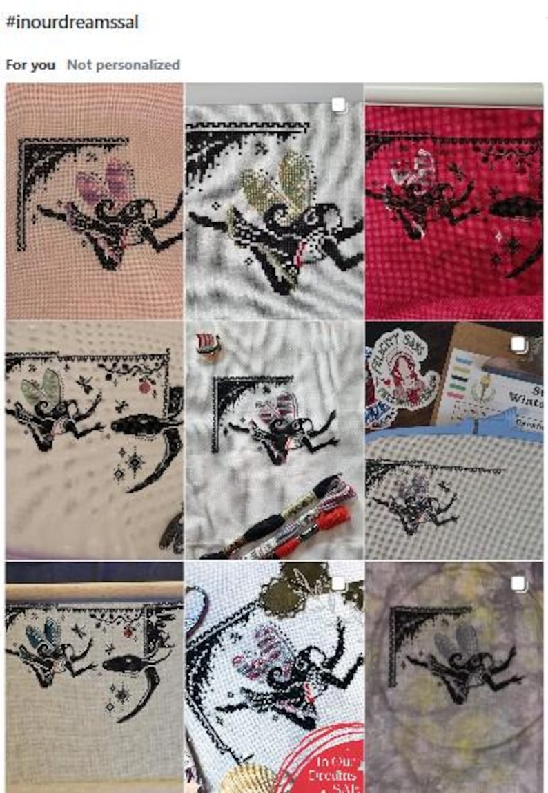 May include: A grid of nine images showing cross-stitch embroidery projects featuring a black silhouette of a fairy with wings, positioned under a decorative corner element. The fabric colors vary, including pink, white, red, and patterned textiles.