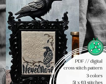 Nevermore Raven cross stitch pattern: Gothic Poe inspired design (PDF)