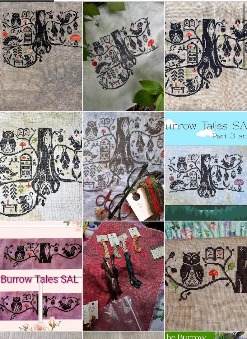 The Burrow Tales cross stitch pattern: Cozy forest animals in monochromatic sampler style stitching design image 12