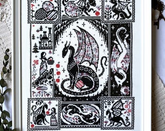 Of Dragons and Apples cross stitch pattern // Medieval inspired digital chart in PDF format