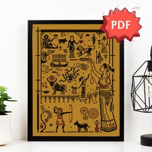 May include: A framed cross-stitch pattern with a black frame. The artwork features a mustard-colored background with black and red cross-stitch figures depicting mythological scenes. A red starburst with "PDF" is in the upper right corner.