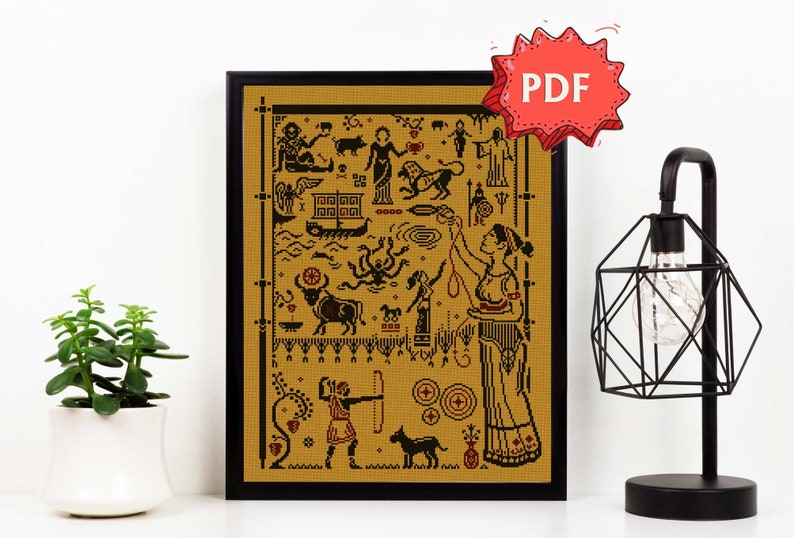 May include: A framed cross-stitch pattern with a black frame. The artwork features a mustard-colored background with black and red cross-stitch figures depicting mythological scenes. A red starburst with "PDF" is in the upper right corner.