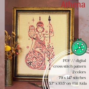 May include: Cross-stitch pattern of Athena, a figure in red and black, holding a spear and owl, framed in gold. The pattern is 5.7" x 10.5" and includes 79 x 147 stitches. The text on the image says "Athena" and "PDF // digital cross stitch pattern".