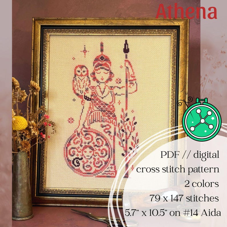 May include: Cross-stitch pattern of Athena, a figure in red and black, holding a spear and owl, framed in gold. The pattern is 5.7" x 10.5" and includes 79 x 147 stitches. The text on the image says "Athena" and "PDF // digital cross stitch pattern".