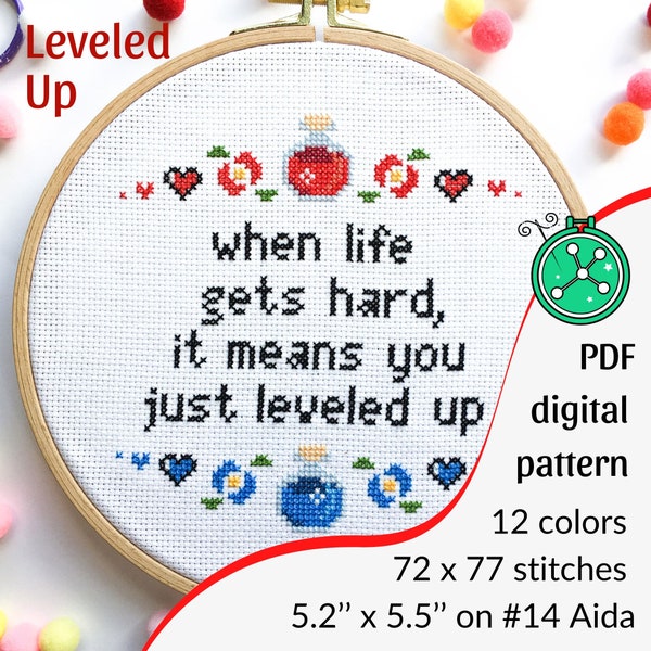 Leveled up cross stitch pattern - funny gaming cross stitch design - modern video game embroidery - gamer level up PDF