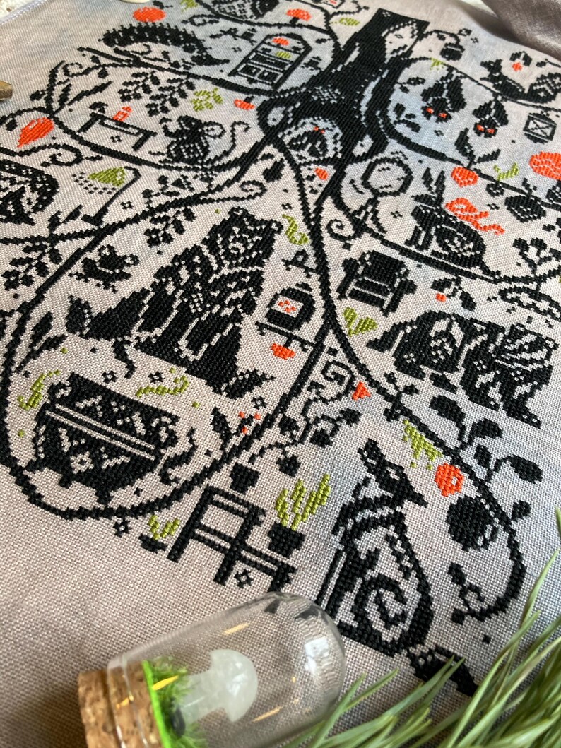 The Burrow Tales cross stitch pattern: Cozy forest animals in monochromatic sampler style stitching design image 4