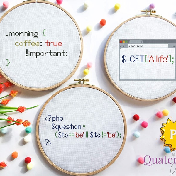 Programming cross stitch patterns - set of three // PHP cross stitch, Coding embroidery gifts, charts for webdesigners, geeky stitching