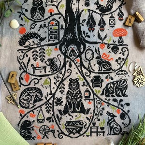 The Burrow Tales cross stitch pattern: Cozy forest animals in monochromatic sampler style stitching design image 13