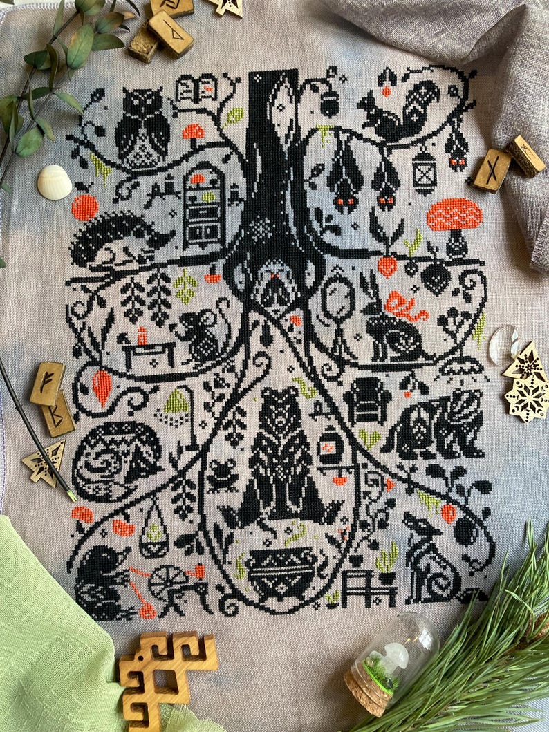The Burrow Tales cross stitch pattern: Cozy forest animals in monochromatic sampler style stitching design image 13