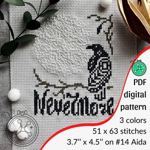 Nevermore cross stitch pattern // Gothic Raven stitching design, Raven and moon chart, Poe inspired cross stitch PDF