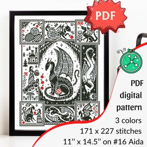 Of Dragons and Apples cross stitch pattern// Dragon cross stitch design, Mythological stitching, digital chart PDF