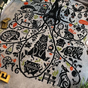 The Burrow Tales cross stitch pattern: Cozy forest animals in monochromatic sampler style stitching design image 10