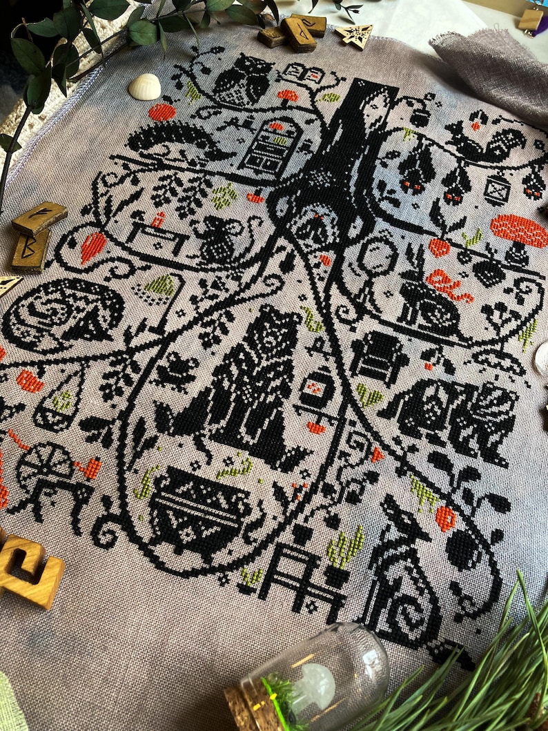 The Burrow Tales cross stitch pattern: Cozy forest animals in monochromatic sampler style stitching design image 10