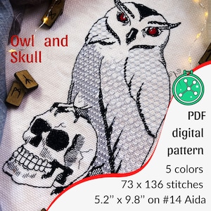 Owl Blackwork Pattern// Kreuzstichmuster Eule, Totenkopf Stickdesign, Eule und Schädel PDF, Witchy Blackwork Stickmuster