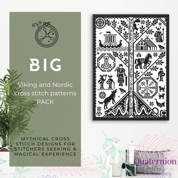BIG Viking cross stitch Bundle //  Nordic stitching designs, Norse mythology pack, runes and symbols charts