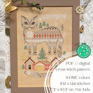 Yule Cat cross stitch pattern, Nordic Christmas folklore design (PDF Pattern) image 1
