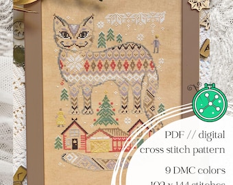 Yule Cat cross stitch pattern, Nordic Christmas folklore design (PDF Pattern)