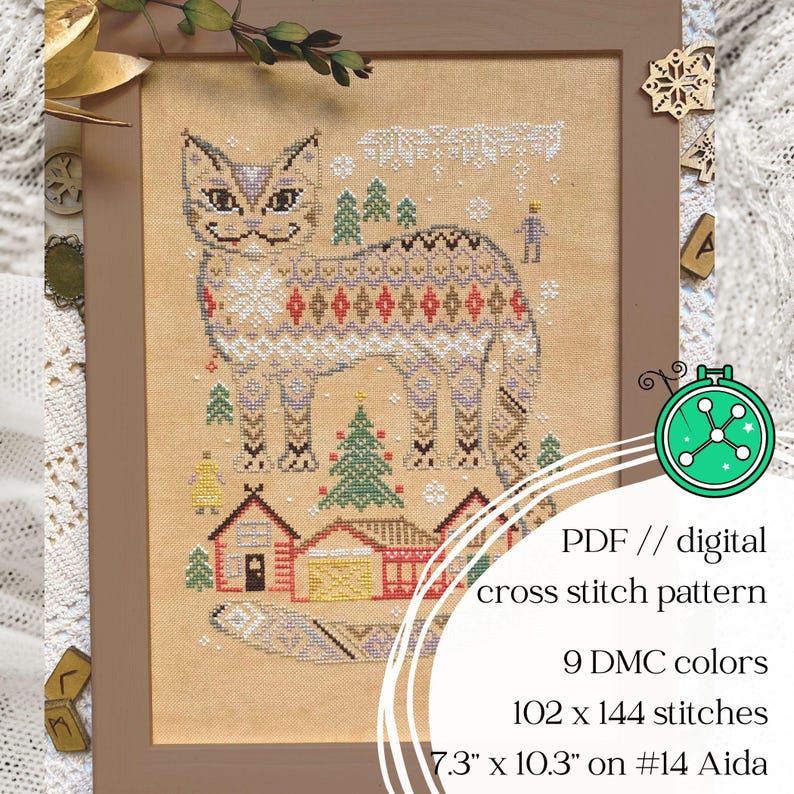 Yule Cat cross stitch pattern, Nordic Christmas folklore design (PDF Pattern) image 1
