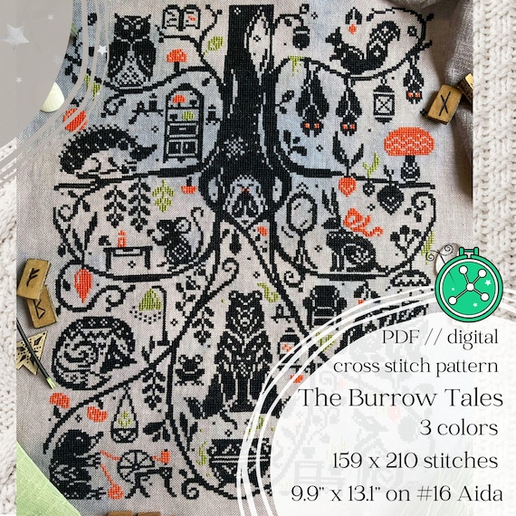 The Burrow Tales cross stitch pattern: Cozy forest animals in monochromatic sampler style stitching design