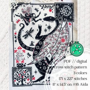 May include: A cross stitch pattern featuring a black dragon with patterned wings, a small fairy, dragonflies, and a moon. The design includes red, black, and grey elements on a white background. Text reads: PDF // digital cross stitch pattern, 3 colors, 171 x 227 stitches, 11" x 14.5" on #16 Aida.