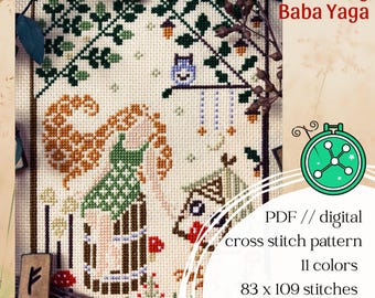 Young Baba Yaga cross stitch pattern: Witchy Halloween design in goblincore style (PDF Pattern)