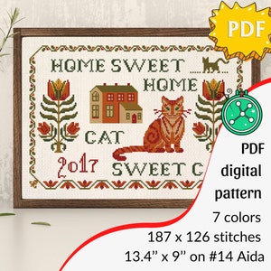 Home Sweet Home Cross Stitch Pattern // Cat Sweet Cat sampler design, Primitive chart, Orange tabby cat stitching, PDF digital pattern