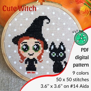 Cute Witch cross stitch pattern // Little witch design, Witch and Black cat embroidery, modern Halloween stitching design