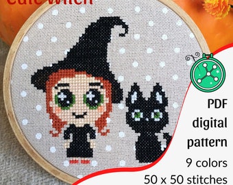 Patrón de punto de cruz de una linda bruja y un gato negro // Diseño de Halloween, gráfico digital (PDF)