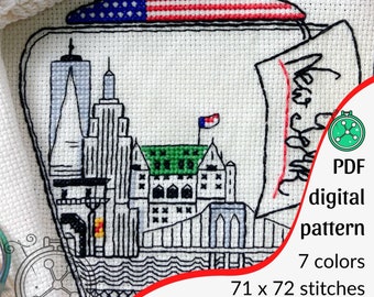 New York blackwork pattern / Travel bottle cross stitch design, Cityscape stitching pattern