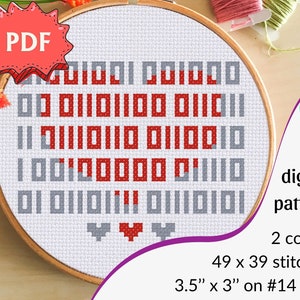 Je t'aime dans le motif de point de croix de code binaire // Broderie de code binaire, motif de point de croix ringard, cadeau geek de la Saint-Valentin