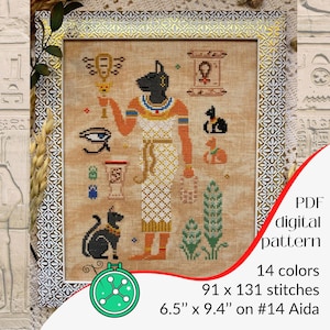 Bastet cross stitch pattern/ Cat goddess stitching,  Ancient Egypt crossstitch chart, myth xstitch design