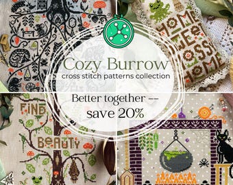 Cozy Burrow cross stitch patterns collection// Four stitching designs from the mossy forest (PDF)