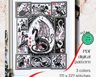 Of Dragons and Apples cross stitch pattern: Mythological Dragon design inspired by medieval tapestries (PDF)