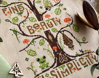 Beauty in Simplicity cross stitch pattern: Frog, Moth, Bat in mossy habitat (PDF format)