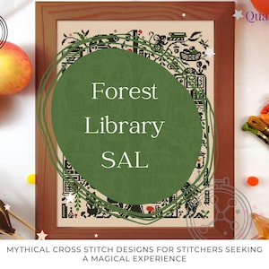 May include: A framed cross-stitch pattern titled Forest Library SAL featuring black intricate illustrations on a light fabric. The frame is brown wood, surrounded by red apples, colorful embroidery floss, and small star accents.